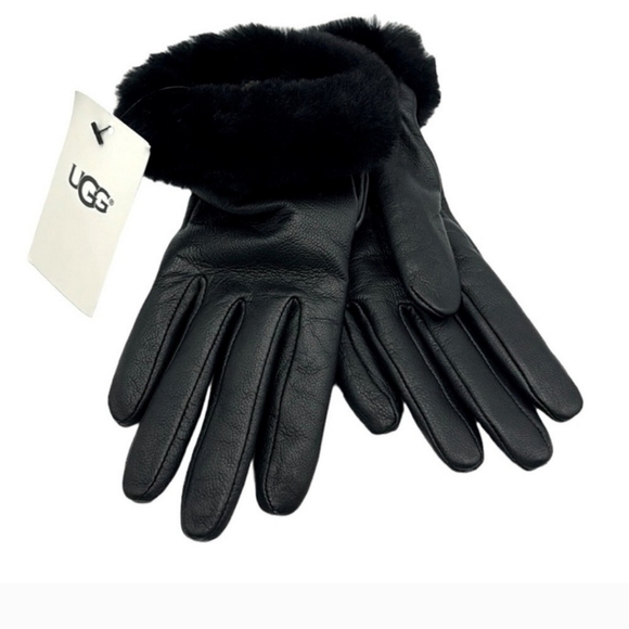 UGG Womens Shearling-Trim cuff Black leather Shorty Gloves Size Large - Picture 4 of 12